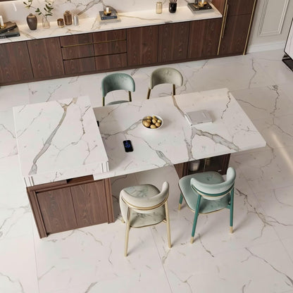60"-79"Luxury Marble Kitchen Island with Dining Table, Built-in Power Station & Wood Storage