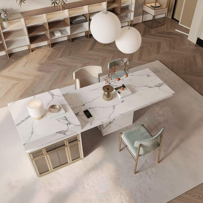 Luxury Marble Kitchen Island with Dining Table, Gold Trim & Built-in Power Station