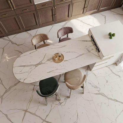60"-79"White Marble Oval Kitchen Island Dining Combo with Built-in Outlets & Storage