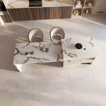 Elegant Italian Style Kitchen Island with Marble Top, Gold Base & Built-in Power Hub