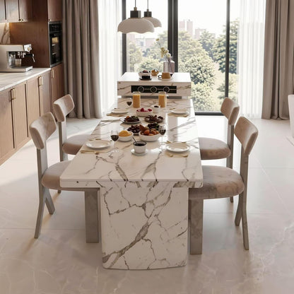 60"-79"Marble Kitchen Island Dining Combo with Built-in Outlets & Storage Cabinet
