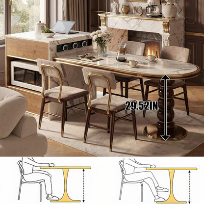 60"-79"French Style Marble Kitchen Island with Oval Dining Table & Built-in Power Station