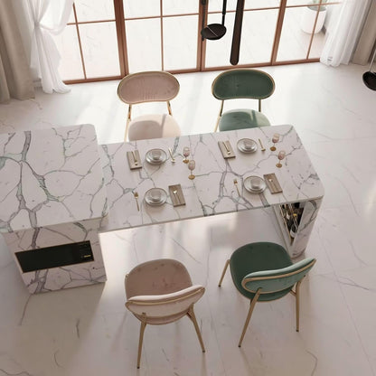 60"-79"Marble Kitchen Island Dining Table with Wine Rack & Storage, Luxury Gold Trim