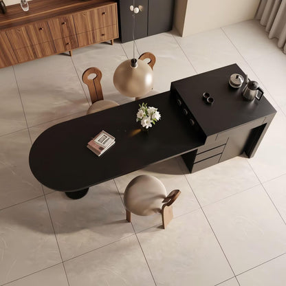 60"-79"Modern Dark Wood Kitchen Island with Oval Dining Table & Built-in Outlets