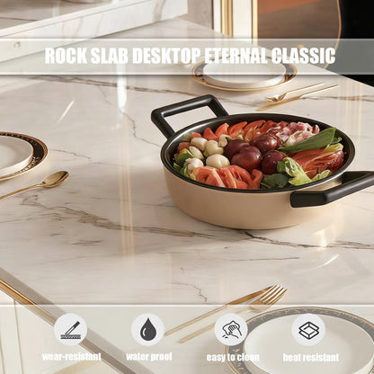 60"-79"Elegant Marble Kitchen Island Dining Set with Built-in Tea Station & Open Shelves