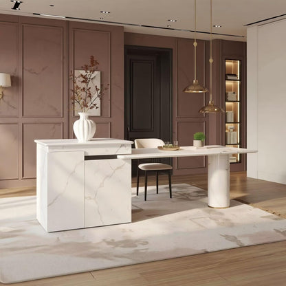 60"-79"Modern Marble Kitchen Island Dining Combo with Built-in Outlets & Storage Cabinet