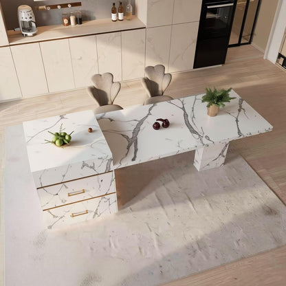 60"-79"Modern White Marble Kitchen Island Combo with Dining Table & Drawer Storagen