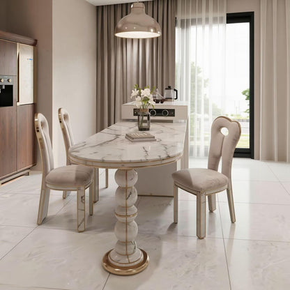 60"-79"Luxury Oval Marble Kitchen Island with Gold Trim, Built-in Power & Cabinet Storage
