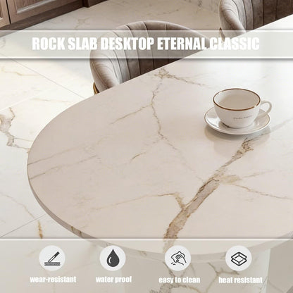 60"-79"Modern Oval Marble Kitchen Island with Integrated Dining Table & Gold Accents