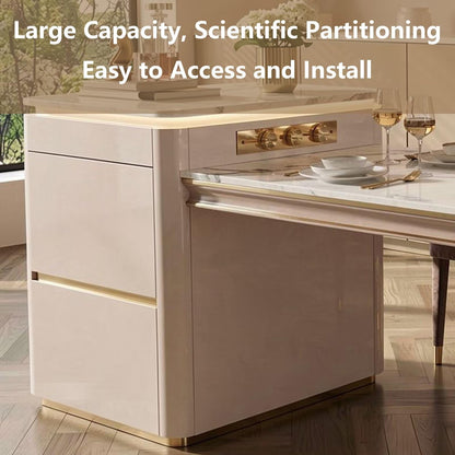 60"-79"Luxury Marble Oval Kitchen Island with Extendable Dining Table &amp; Gold Trim