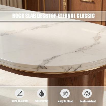 60"-79"Luxury Marble & Wood Kitchen Island Dining Combo with Built-in Outlets & Drawers