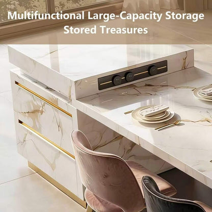 60"-79"Luxury Marble Kitchen Island with Extendable Dining Table & Gold Trim