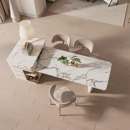 60"-79"White Marble Kitchen Island Dining Combo with Built-in Outlets & Side Wine Storage