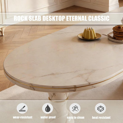 60"-79"French Cream Marble Kitchen Island Dining Combo with Storage Cabinet & Gold Trim