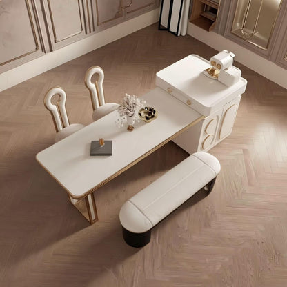 60"-79"White & Gold Kitchen Island Dining Combo with Built-in Outlets & Storage Cabinet