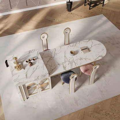 60"-79"Luxury Marble Kitchen Island with Oval Dining Table, Tea Station & Gold Trim