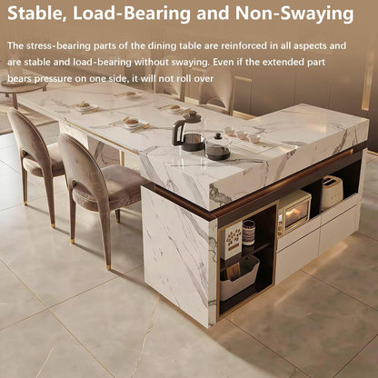 60"-79"Marble Kitchen Island Dining Combo with Built-in Tea Station & Open Storage