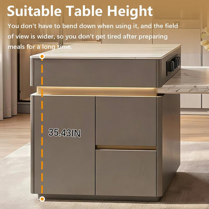 60"-79"Modern Kitchen Island Dining Combo with Marble Top, LED Light & Built-in Outlets