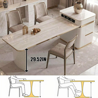 60"-79"Cream Marble Kitchen Island Dining Combo with Built-in Outlets & Storage Drawers