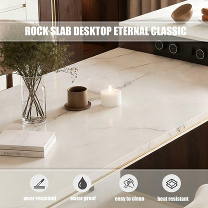 60"-79"Contemporary Marble & Walnut Kitchen Island with Built-in Outlets & Side Cabinet