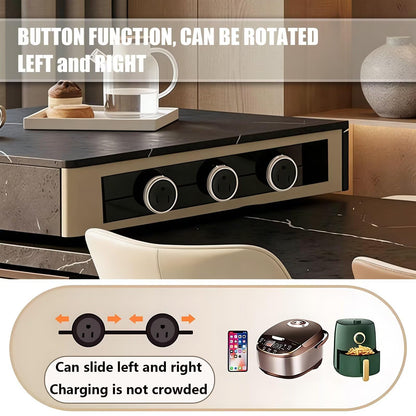 60-79"Modern Black Marble Kitchen Island with Dining Table & Built-in Power Station