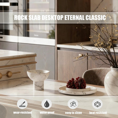 60"-79"Modern Calacatta Marble Kitchen Island with Integrated Dining Table & Gold Trim