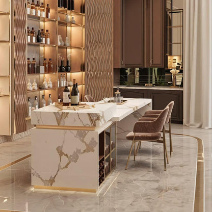 60"-79"Luxury Marble Kitchen Island Dining Combo with Built-in Wine Rack & Gold Trim
