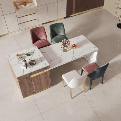 60“-79”Wood &amp; Marble Kitchen Island with Dining Table, Tea Station &amp; Built-in Power Station