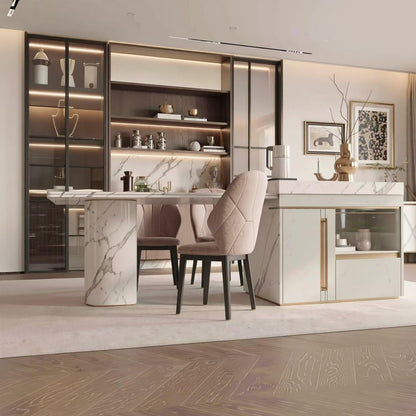 60"-79"Luxury White Marble Kitchen Island with Extendable Dining Table & Gold Trim