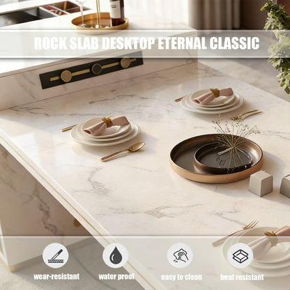 60"-79"Modern Calacatta Marble Kitchen Island with Integrated Dining Table & Gold Accents