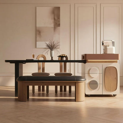 60"-79"Cream Style Kitchen Island Combo with Black Dining Table & Rolling Storage Cabinet