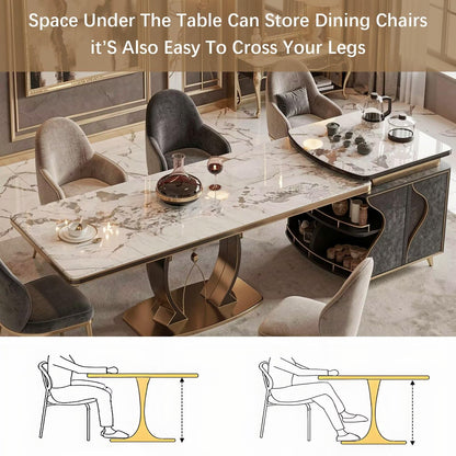 60"-79"Luxury Marble Kitchen Island with Integrated Dining Table, Tea Set & Gold Trim
