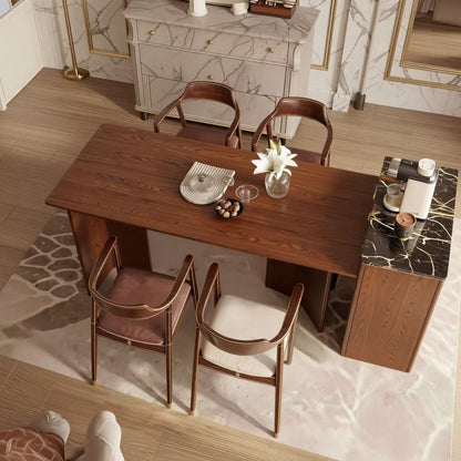 60"-79"Modern Walnut Kitchen Island Combo with Dining Table & Marble Countertop