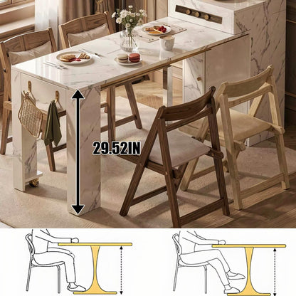60"-79"Rolling Marble Kitchen Island Dining Combo with Built-in Power Strip & Coffee Station