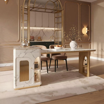 60"-79"Luxury Marble & Wood Kitchen Island with Integrated Dining Table & Tea Station