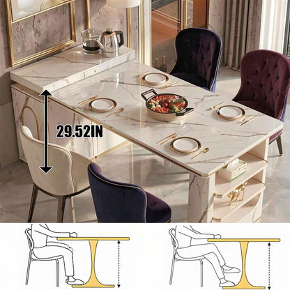 60"-79"Elegant Marble Kitchen Island Dining Set with Built-in Tea Station & Open Shelves