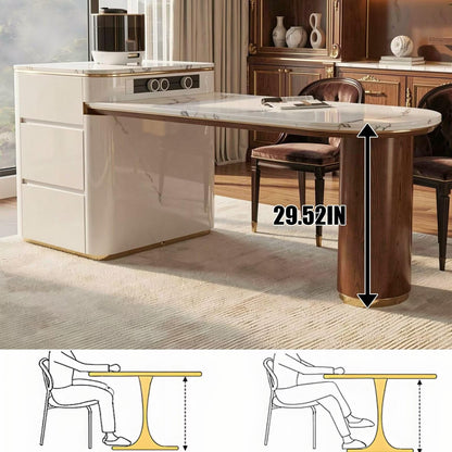60"-79"Luxury Marble & Wood Kitchen Island Dining Combo with Built-in Outlets & Drawers