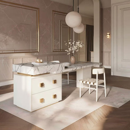 60"-79"Elegant Calacatta Marble Kitchen Island with Dining Table & Storage Cabinet