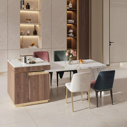 60“-79”Wood &amp; Marble Kitchen Island with Dining Table, Tea Station &amp; Built-in Power Station