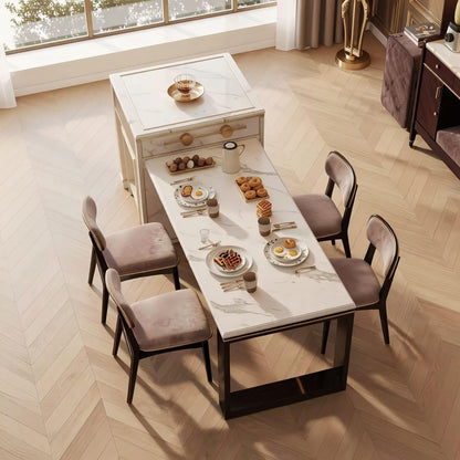 60"-79"Modern Kitchen Island with Marble Top, Wooden Base & Integrated Dining Table