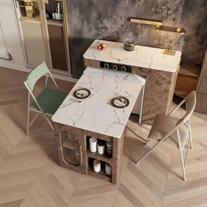 60"-79"Retro Marble Kitchen Island with Extendable Dining Table & Built-in Power Station