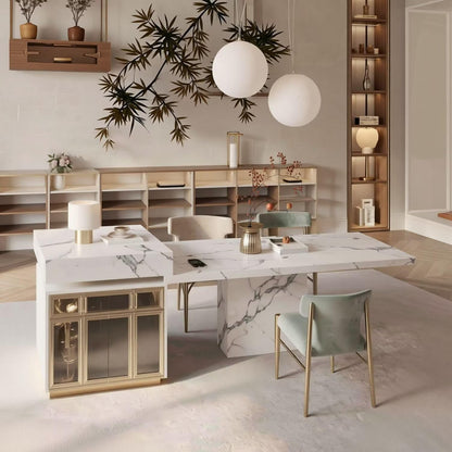 Luxury Marble Kitchen Island with Dining Table, Gold Trim & Built-in Power Station