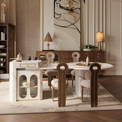 60"-79"Marble Kitchen Island Dining Combo with Built-in Outlets, Storage & Lazy Susan