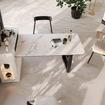 60"-79"White Marble Kitchen Island Dining Combo with Built-in Outlets & Side Storage