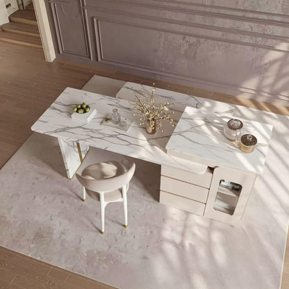 60"-79"White Marble Kitchen Island Dining Combo with Built-in Outlets & Storage Drawers