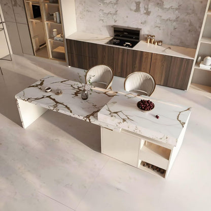 Elegant Italian Style Kitchen Island with Marble Top, Gold Base & Built-in Power Hub