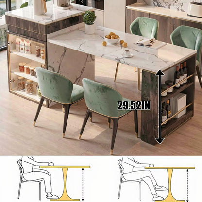 60"-79"Wood & Marble Kitchen Island Dining Combo with Built-in Power Strip & Open Storage Shelves