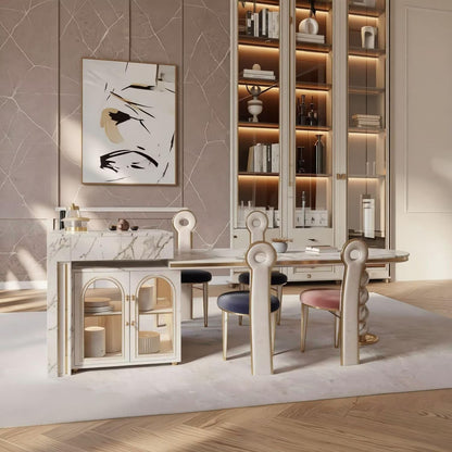 60"-79"Luxury Marble Kitchen Island with Oval Dining Table, Tea Station & Gold Trim