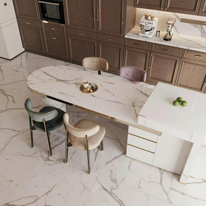 60"-79"White Marble Oval Kitchen Island Dining Combo with Built-in Outlets & Storage