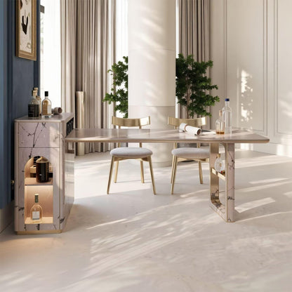 60"-79"Luxury Pink Marble Extendable Kitchen Island with Gold Trim & Side Wine Rack